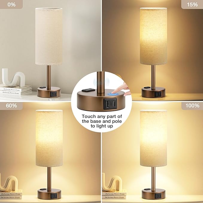 Fenmzee Brown Bedside Table Lamp for Bedroom - 3 Way Dimmable Touch Lamp USB C Charging Ports and AC Outlet, Small Lamp Round Flaxen Fabric Shade for Living Room, Desk, LED Bulb Included - Bloomnest