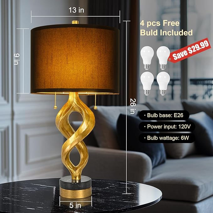 Sculptural Table Lamp Set of 2 for Bedroom, 26” Gold Leaf Farmhouse Bedside Lamps for Living Room, Pull Chains Switch Rustic Nightstand Lamp Marble Base with USB for Home Room Decor (Bulbs Included) - Bloomnest