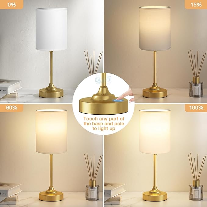 Fenmzee Gold Nightstand Bedroom Lamp - 3 Way Dimmable Bedside Lamp, Small Table Lamp Linen Lampshade for Office Desk, LED Bulb Included - Bloomnest