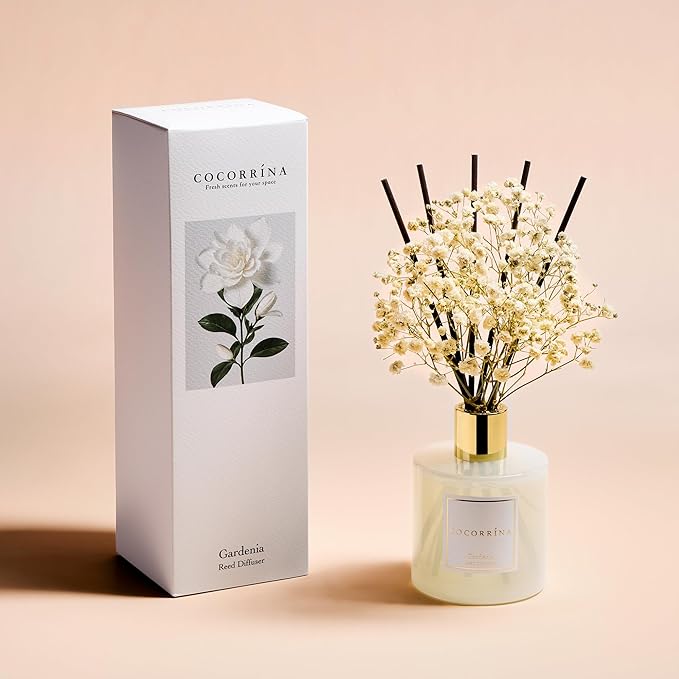 COCORRÍNA Reed Diffuser - Gardenia 6.7 Fl.oz Reed Diffuser Set with Sticks & Preserved Baby's Breath, Reed Diffuser for Home Bathroom Shelf Decor - Bloomnest