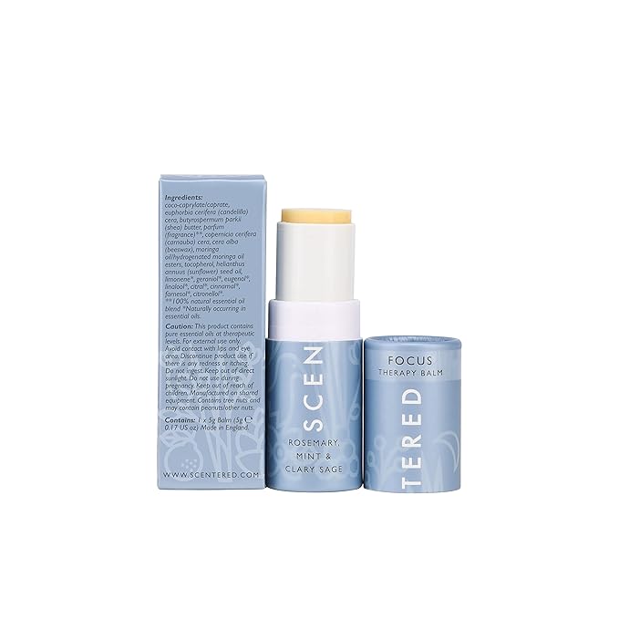 Scentered Aromatherapy Balm Stick for Focus & Concentration - Roll On Essential Oils Blend - 100% Natural: Rosemary, Mint, Clary Sage in Shea Butter - Aromatherapy Gifts for Women - Bloomnest