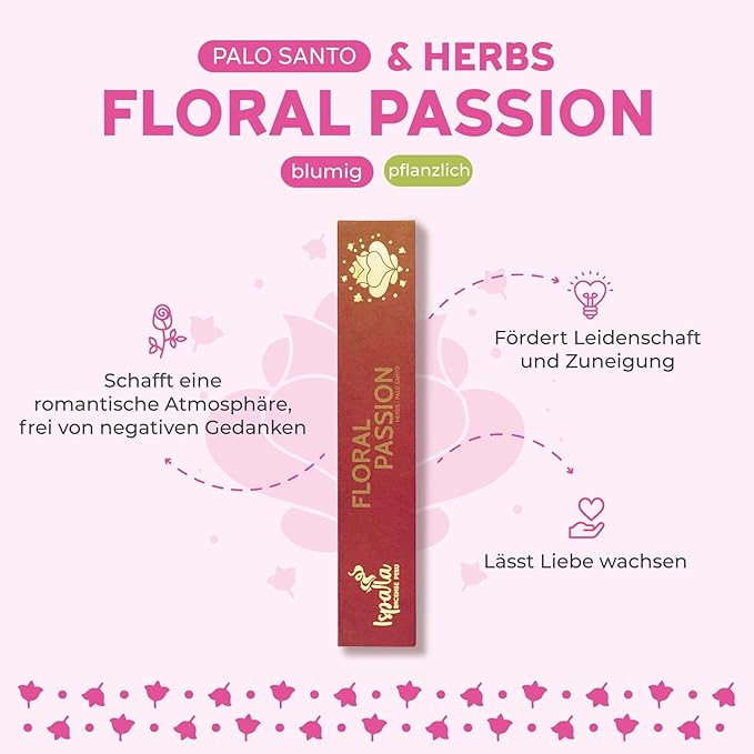 ISPALLA FLORAL Passion Incense Sticks, Pack of 10, with Palo Santo, Creates a Romantic Environment, Free from Negative Thoughts, Handmade in Peru, 100% Natural & Vegan Bloomnest