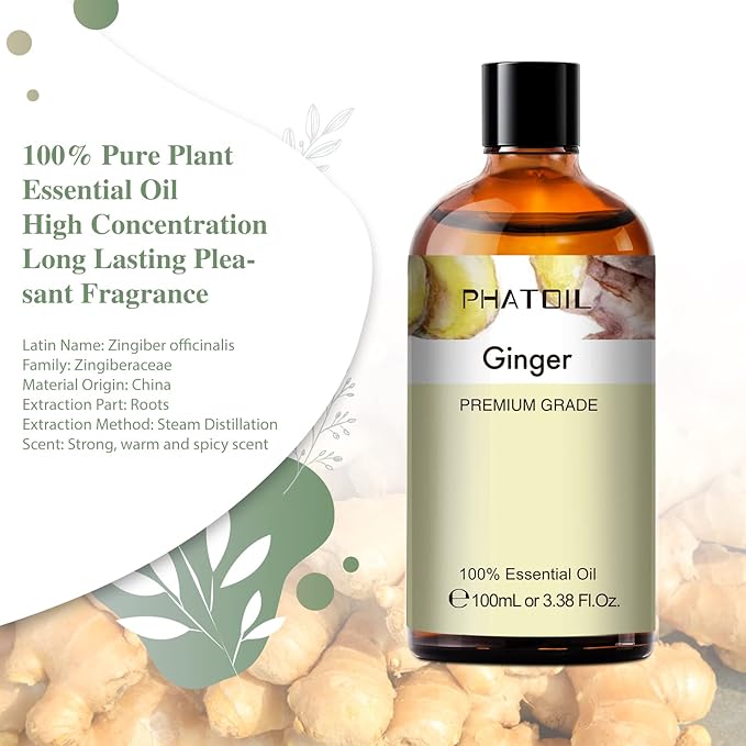 Ginger 3.38fl.oz Essential Oil, PHATOIL Pure Aromatherapy Oils for Diffuser, Humidifier, Perfect for DIY Soap, Candle, Bath Bombs Making(100ml) PHATOIL