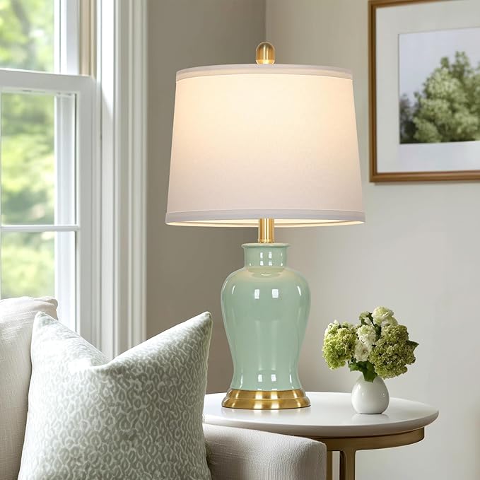 Green Ceramic Lamps Set of 2, 23" Modern Table Lamps for Living Room, Classic Bedside Lamp with Ginger Jar Design, Elegant Bedroom Lamp for Night Stand Desk Side End Table Home Decor - Bloomnest