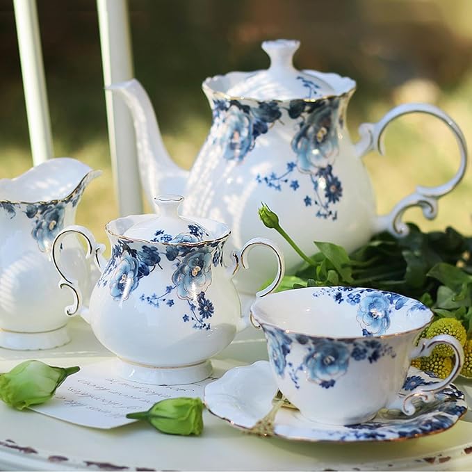 Bone China Tea Set for Adults, 13-Piece Blue and White Porcelain Tea Set for 4, Vintage Floral Tea Set With Teapot and Teaspoons, Tea Party Sets for Women Gift (Blue) - Bloomnest