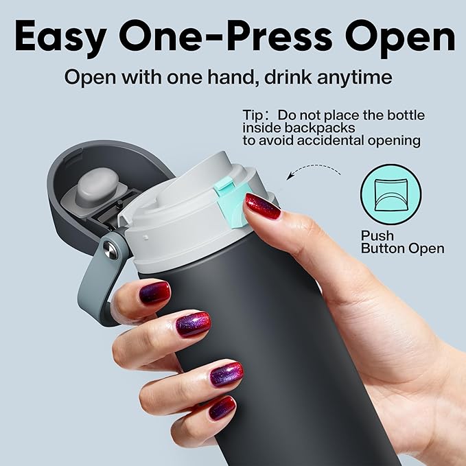 Insulated Water Bottle with Straw - Encool Stainless Steel Water Bottle with Push Button Lid, Leak-Proof & BPA-Free, Keeps Cold for 24 Hours for Sports, Travel, Gym (24 oz, Tuna Grey-Green) ENCOOL