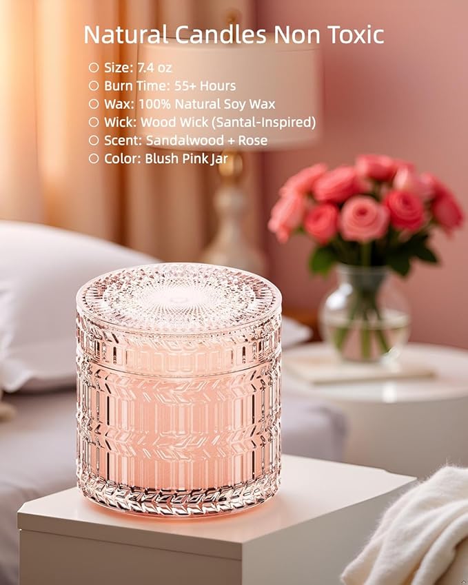 Hidden Label Sandalwood Rose Scented Candle for Home Scented, Santal Wood Wick Decorative Candles, Aromatherapy Candles for Women, Pink Soy Candles Non Toxic Candle, 7.4 oz 55 Hours Long Burn time - Bloomnest