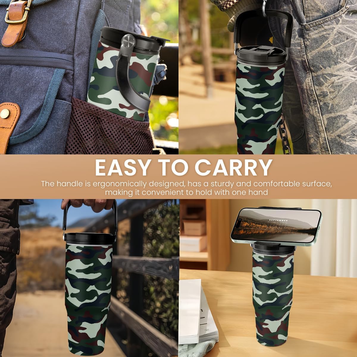 SANDJEST Camo Tumbler with Handle 30oz - Camouflage Tumblers Stainless Steel Insulated Flip Straw Coffee Travel Cup, Gifts for Men Veteran Hunting Lover Sport Outdoor Workout