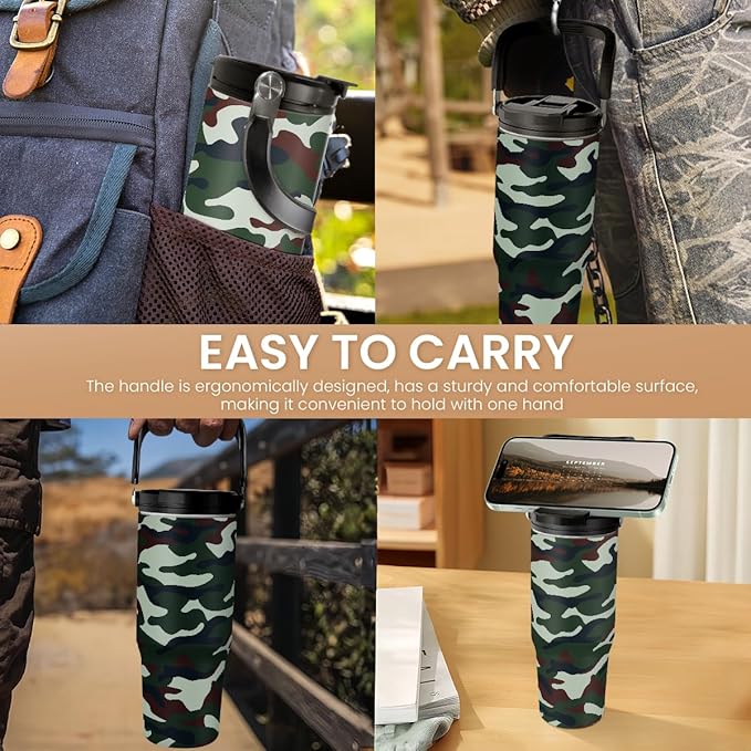 SANDJEST Camo Tumbler with Handle 30oz - Camouflage Tumblers Stainless Steel Insulated Flip Straw Coffee Travel Cup, Gifts for Men Veteran Hunting Lover Sport Outdoor Workout - Bloomnest