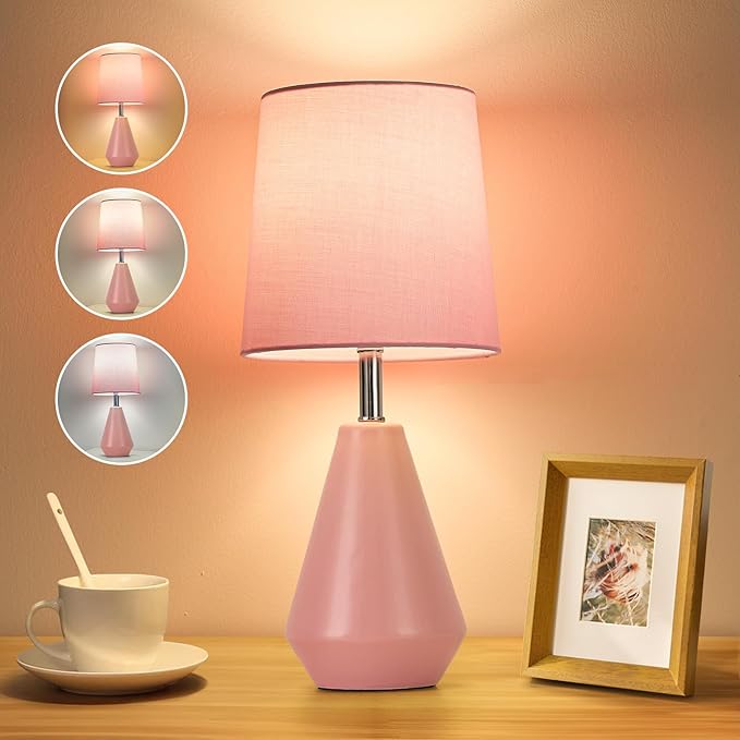 Small Bedside Table Lamp for Bedroom - Reading Desk Lamp with 3 Color Temperatures，15.5" Nightstand Ceramic Lamp with Fabric Shade for Kids Room,Living Room,Dorm,Home Office (Pink) - Bloomnest