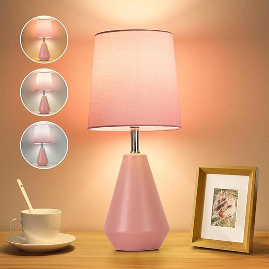 Small Bedside Table Lamp for Bedroom - Reading Desk Lamp with 3 Color Temperatures，15.5" Nightstand Ceramic Lamp with Fabric Shade for Kids Room,Living Room,Dorm,Home Office (Pink) - Bloomnest