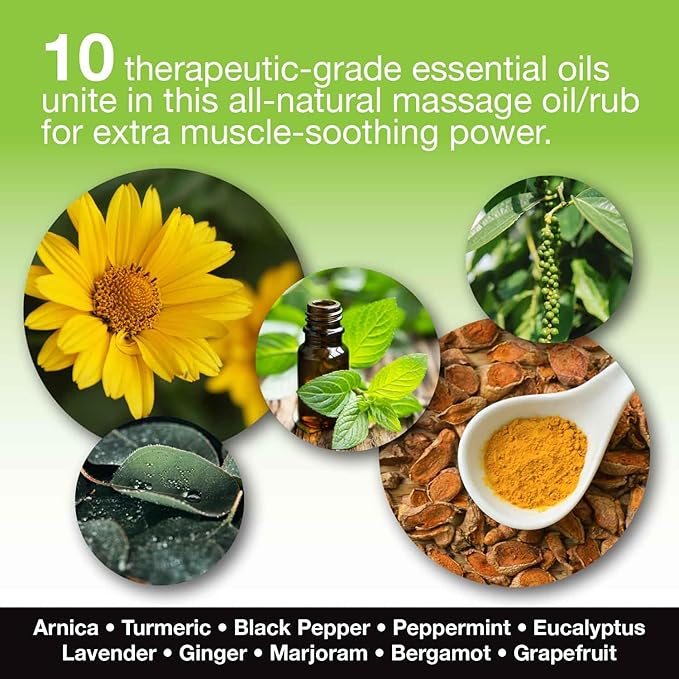 Skinsations – Hemp Massage Oil & Sore Muscle Rub | 100% Organic, 10 Essential Oils for Natural Relief, Arnica, Turmeric, Peppermint, Lavender in a Sweet Almond Oil and Hemp Seed Oil Base - Bloomnest