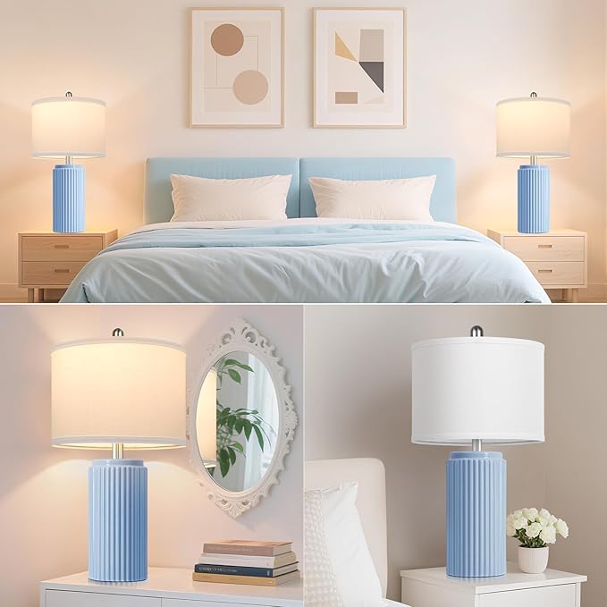23.5’’ Sky Blue Farmhouse Table Lamps for Living Room Set of 2, Modern Elegant Ceramic Bedside Nightstand Lamps with White Linen Shade for Bedroom, Coastal Lamps Set for Study Home Office - Bloomnest