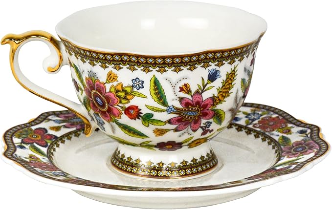 ACMLIFE Bone China Tea Cup and Saucer Set for 1, Vintage Floral Tea Cup with Saucer, Spoon and Gift Box, 6.8 oz (Pink-A) - Bloomnest