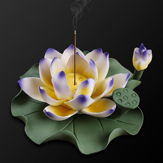 Lotus Incense Burner - Incense Burner Holder for Home Incense Holder Decor Incense Holder for Sticks Yoga, SPA (Z7-Blue-Yellow) - Bloomnest