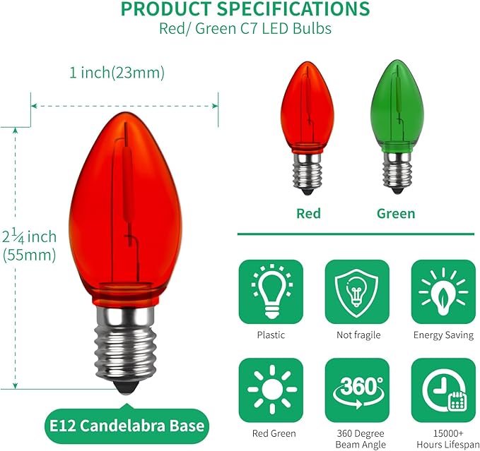 Meconard C7 Led Replacement Christmas Light Bulb, C7 Shatterproof Led Bulbs for Christmas Indoor Outdoor String Lights, E12 Candelabra Base Red Light Bulbs Green Light Bulb, 25 Pack - Bloomnest