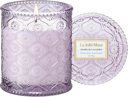LA JOLIE MUSE Jardin de Lavender Scented Candle - Coconut, Lavender & Sandalwood | 6 oz Natural Soy Wax | 40 Hours Clean Burn | Aromatherapy Candle for Relaxation | Elegant Home Decor - Bloomnest