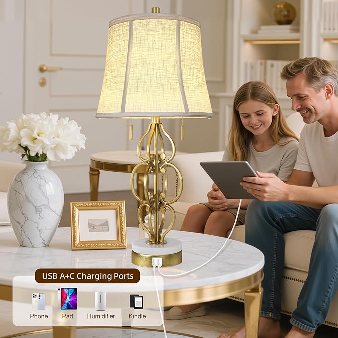 Scenekoy 27.75” Iron Art Table Lamp Set of 2 for Bedroom Living Room, Gold Leaf Night Stand Bedside Lamps with USB Ports, Pull Chains Modern Nightstand Lamp Line Shade for Home Decor (Bulbs Included) - Bloomnest