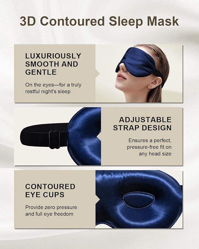 Luxury 22 Momme 100% Mulberry Silk Sleep Mask – 3D Eye Mask with Adjustable Strap, Gentle on Skin and Eyes, Provides Complete Light Blockage for Deep Sleep (Navy, Adjustable) - Bloomnest