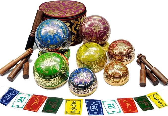 Tibetan Singing Bowl Set Of 7, Authentic 7 Metals, 7 Chakra Colors Mantra Chant Decorated Himalayan Singing Bowl For Chakra Healing, Meditation, Deep Relaxation, Stress Relief, Handmade In Nepal Khusi+Inc