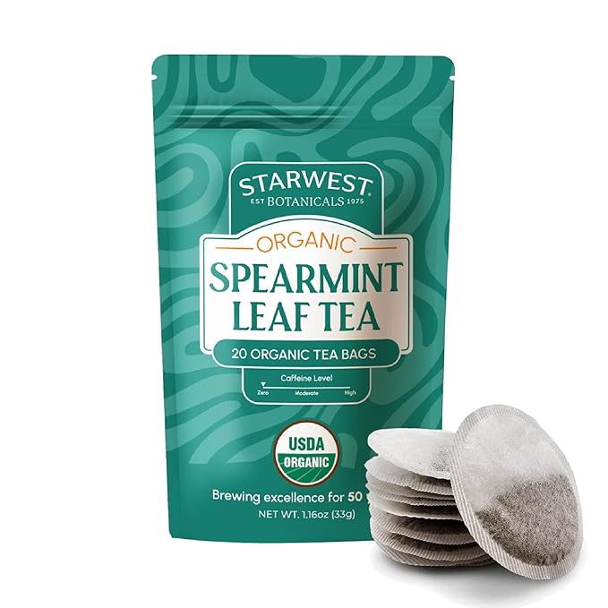 Starwest Botanicals Organic Spearmint Leaf Tea - Caffeine Free Herbal Tea, Promotes Calm, USDA Organic Spearmint Leaf, String Free Sachets, Non GMO - 20 Tea Bags - Bloomnest