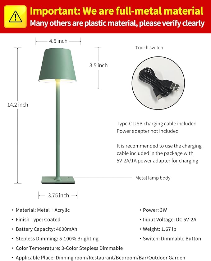 KDG 2 Pack Cordless Table Lamp,Portable LED Desk Lamp, 4000mAh Battery Operated, 3 Color Stepless Dimming Up, for Restaurant/Bedroom/Bars/Outdoor Party/Camping/Coffee Shop Night Light(Green) - Bloomnest