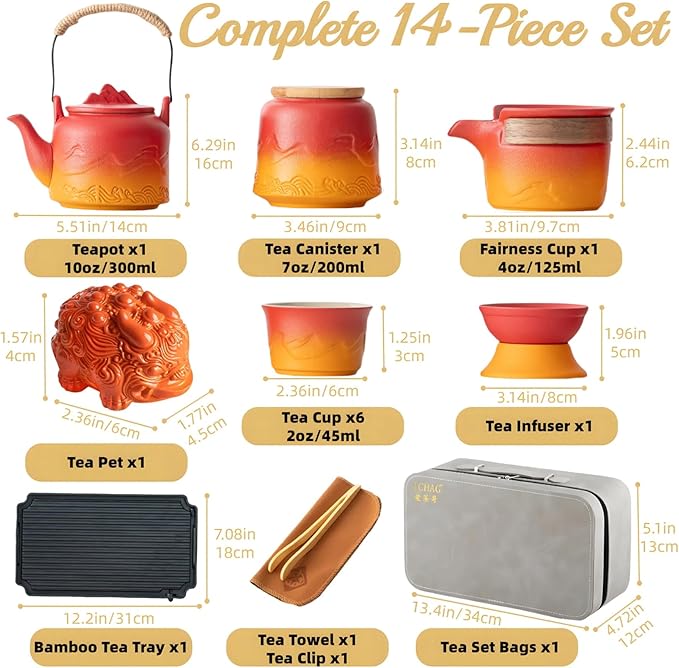 ICHAG Chinese Tea Set, Japanese Tea Sets for Adults, 15-Piece Porcelain Gongfu Tea Set with Tea Pet & Tea Tray, Japanese Teapot Set, Travel Tea Party Set, for Home/Office/Outdoor/Gifts (Red) - Bloomnest