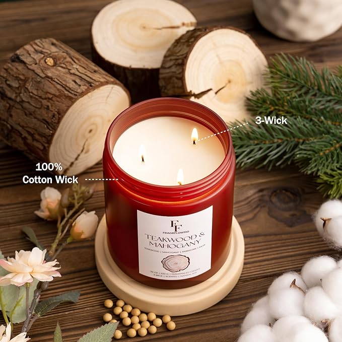 Teakwood & Mahogany Large Scented Candle, 3-Wick 22oz Long Lasting Scented Candle, Natural Soy Wax Aromatherapy Candle for Home, Autumn Candle Gifts for Women Men - Bloomnest