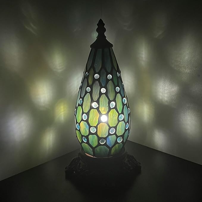 Small Tiffany Lamp Stained Glass Table Lamp 5.5X11 Inch Christmas Tree Lighthouse Mini Accent Memory Sympathy Antique Night Light for Bedroom Living Room (Blue Pearl)