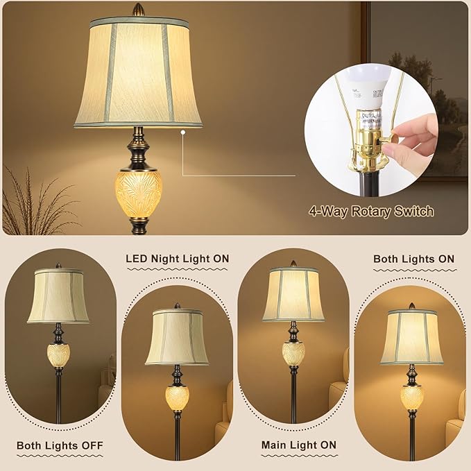 Vintage Floor Lamp with Nightlight, 64" Tall Lamp with Beige Faux Silk Shade, Rotary Switch, Farmhouse Design Brown Standing Lamp for Living Room Bedroom Office Dining Room Corner (LED Bulb Included) - Bloomnest