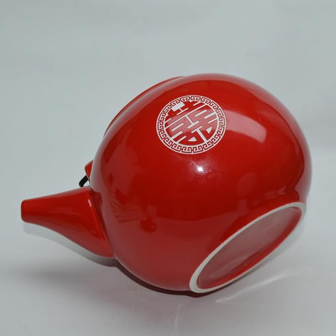 Chinese Teapot 28oz Porcelain Tea Pot Red Glazing with Detachable iron handle for Adults Men Women Tea Ceremony Wedding Party Home Decor (Double happiness Teapot) - Bloomnest
