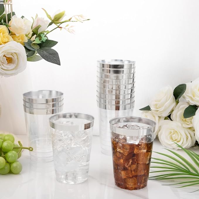 I00000 100 Pack 12 oz Silver Plastic Cups, Silver Rimmed Disposable Cups, Party Wine Glasses Cocktail Glasses Premium Cups with Silver Rim, 12 Ounce Plastic Tumblers For Party - Bloomnest