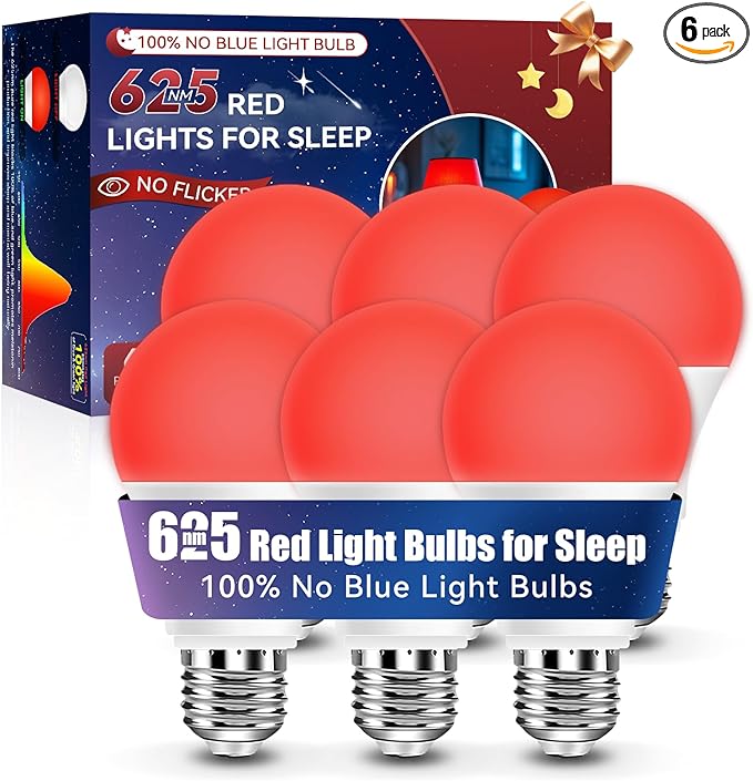 Neporal Red Light Bulbs for Sleep 9W, 100% Blue Light Blocking Night Light, 625nm Red Light Bulb for Melatonin Promoting, A19 60W Equivalent Dim Light Bulbs for Bedroom, Baby Nursery,6 Packs - Bloomnest