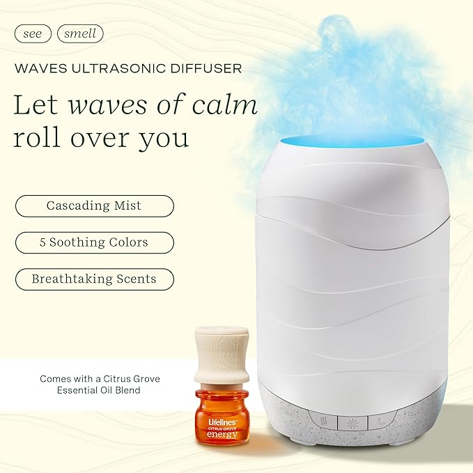 Lifelines Waves Ultrasonic Essential Oil Diffuser with Essential Oil Blend, 200ml - Aromatherapy Diffuser with Cascading Mist, Colored Lights & Auto-Shut Off Features - Home & Bedroom Essentials LifeLines