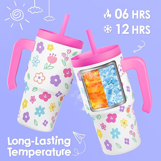 Floral Tumbler 20oz with Handle and Silicone Straw Lid for Kid, Insulated Stainless Steel Cup, Gift for Kids Girls, Gifts Idea for Birthday Christmas Back to School - Bloomnest
