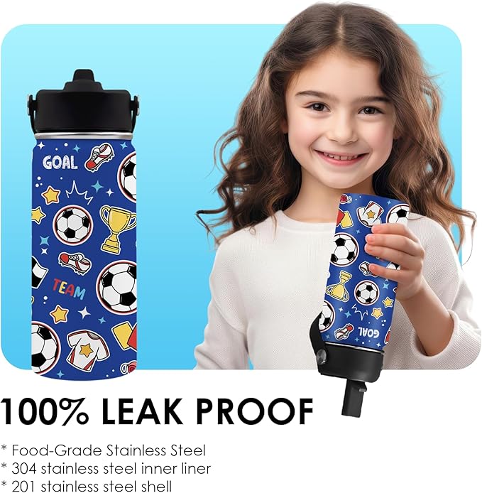 Soccer Gifts for Kids - 16 Oz Kids Water Bottle with Straw Lid, Stainless Steel Insulated Tumbler, Leak Proof, BPA-Free, for Girls, School, Travel - Soccer Lovers Children Birthday Gifts Cups(1pc) - Bloomnest