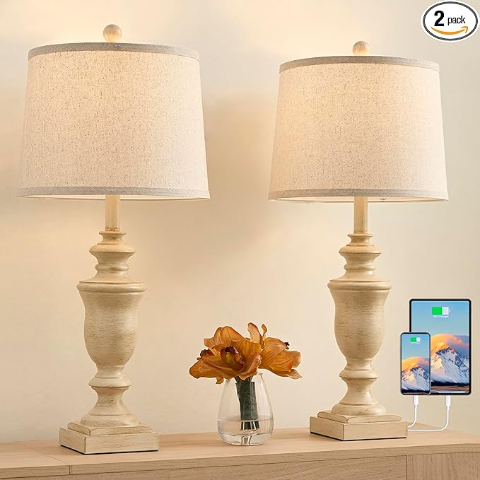 27.5" Vintage Farmhouse Table Lamps Set of 2 Bedside Lamp, 3 Way Dimmable Bedroom Lamps with 2 USB Ports +AC Outlet Touch Nightstand Lamp Rustic Lamp (Rotary-Antique Beige) - Bloomnest