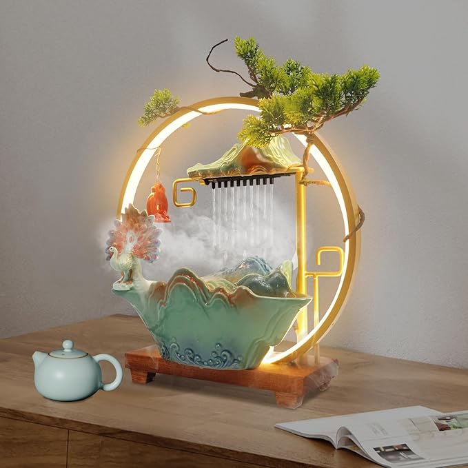 Tabletop Water Fountains, Indoor Water Fall with LED Light Zen Decor for Meditation with Mist, Japanese Decor with Fake Plants Feng Shui Decor for Good Luck Wealth - Bloomnest