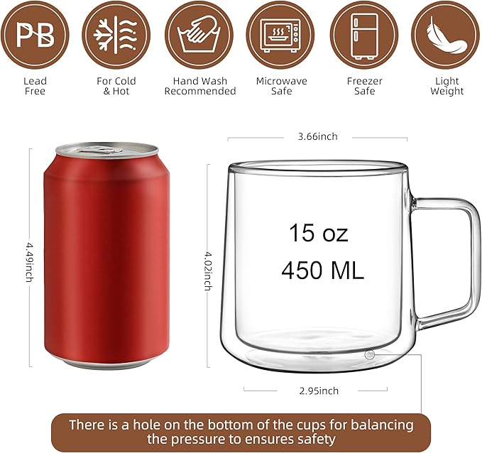 CNGLASS 15oz Double Walled Glass Coffee Mugs,Large Insulated Glass Mugs with Handle,Clear Coffee Cups for Espresso,Latte,Cappuccino,Tea,Set of 2 - Bloomnest