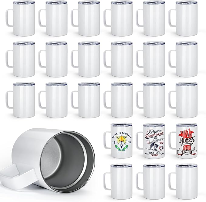 AGH Sublimation Mugs Stainless Steel Coffee Tumbler, 25Pack 10OZ Double Walled Vacuum Insulation Cups with Handle and Lid for Hot & Cold Drinks Tea - Bloomnest