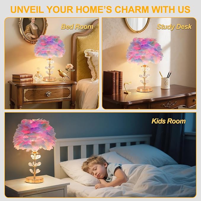 Colorful Feather Lamp Romantic Bedside Nightstand Lamp Creative FfluffyTable Lamp Modern Furry Desk Light for Princess Girls Bedroom Living Room Wedding Christmas Gift Deco Entry Office - Bloomnest