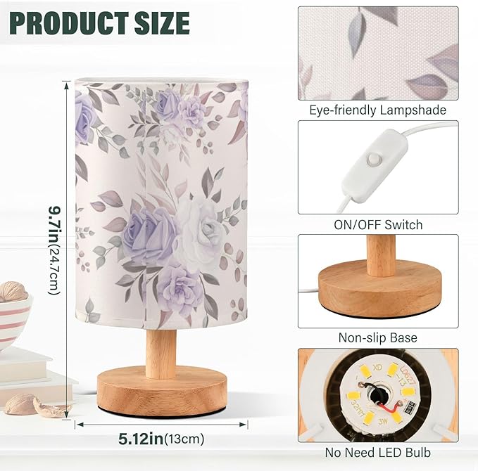 Yuiboo Romantic Flower Purple Small Table Lamp for Kids Nursery adornos para cuartos de - Bloomnest