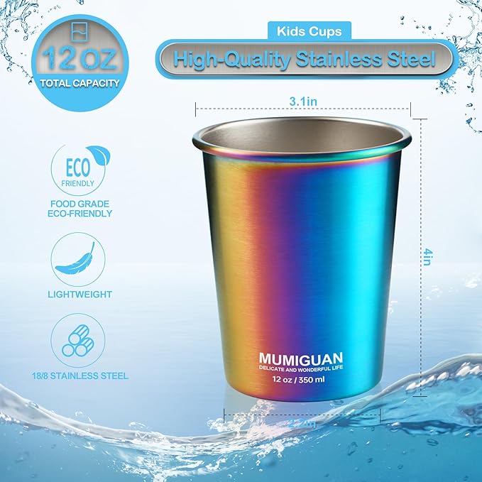 Stainless Steel Cups for Kids 12oz/350ml (4 Pack), Children's Rainbow Electroplating Cups, Camping Stainless Steel Cups, Stackable Metal Drinking Glasses, Toddler Stainless Steel Tumbler, BPA Free - Bloomnest