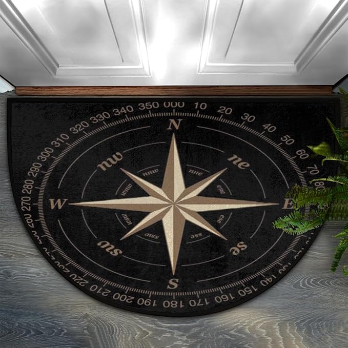 Half Round Door Mat, Compass Rose Non-Slip Half Circle Area Rug Artwork Black Doormat Washable Durable Home Decor Half Moon Rug for Floor Indoor Outdoor Living Room Bedroom Kitchen Patio - Bloomnest