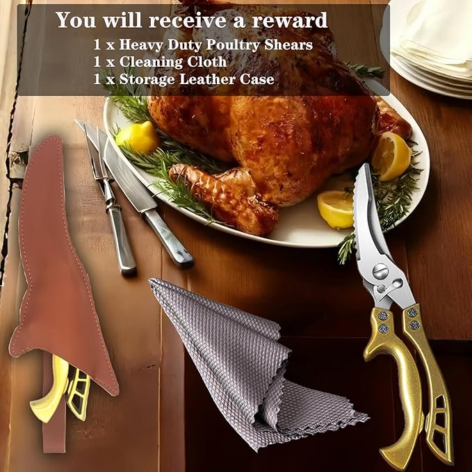 ANDONG Heavy Duty Kitchen Poultry Shears with Serrated Edge, Spring Loaded Kitchen Scissors, Professional Chicken Shears, Gold - Bloomnest