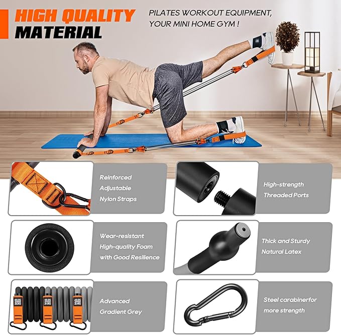 Pilates Bar Kit with Resistance Bands, Heavy Duty Pilates Equipment for Men, Strength Training Bar for Legs, Hip, Back, Arm, Abs, Chest, Shoulders, Portable Home Gym Full Body Workout Equipment - Bloomnest