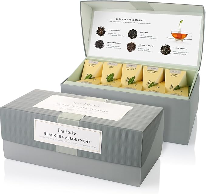 Tea Forte Assorted Black Tea Presentation Box Tea Gift Set Sampler, 20 Count, 2 of Each Variety Individually Wrapped Handcrafted Pyramid Infuser Bags - Bloomnest