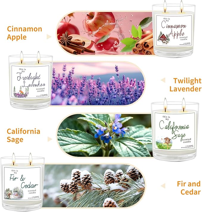 4 Pack Large Jar Candles with Double Wicks, Scented Candles for Home, 11.3oz Each, 240 Hour Burn Time, Aromatherapy Gift Set for Women, Cinnamon Apple, Lavender, Fir & Cedar, California Sage - Bloomnest