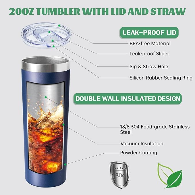 20 oz Skinny Tumbler with Lid and Straw,Stainless Steel Vacuum Insulated Tumbler Cup Double Wall Leak-proof Coffee Mug,Travel Thermal Water Tumbler for Home,Office,Outdoor(Navy Blue,8)
