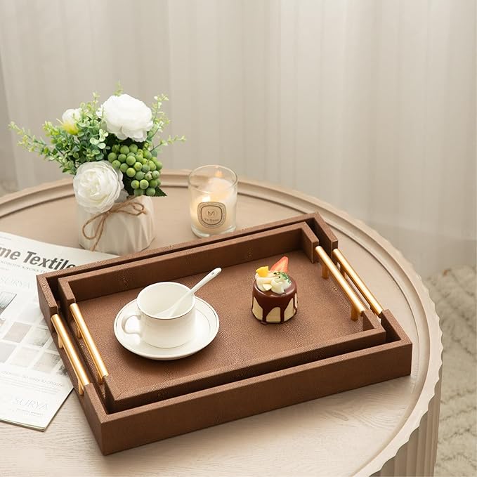 Set of 2 Decorative Tray Brown Shagreen Leather Tray, Modern Rectangle Serving Trays with Gold Polished Metal Handles, Ottoman Coffee Table Perfume Kitchen Trays Home Decor - Bloomnest